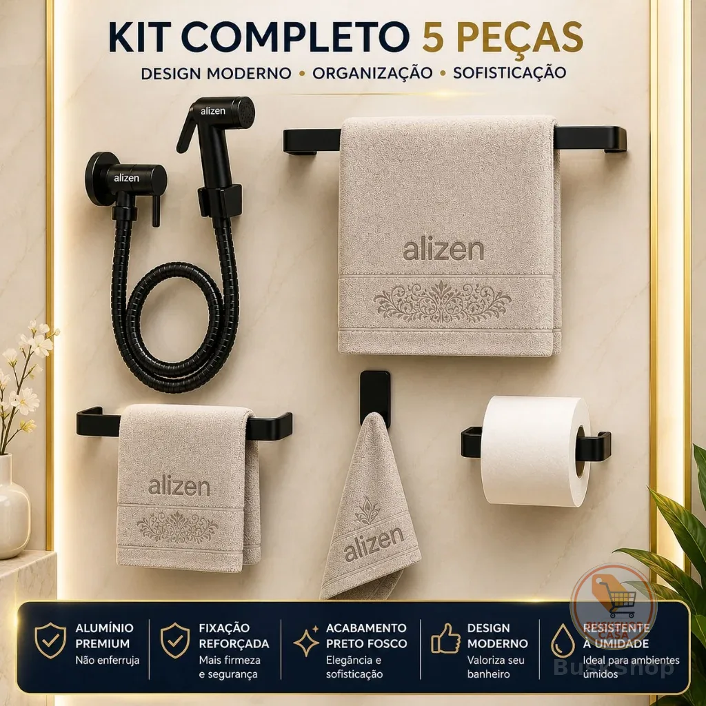 Kit Banheiro Preto Acessórios Ducha Higiênica Porta Toalhas Suporte Papel Higiênico Preto Fosco