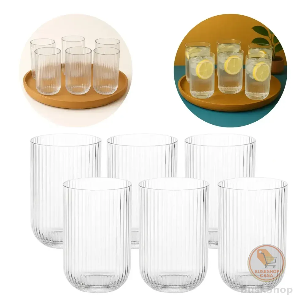 Jogo 6 Copos De Vidro Canelado Cameratta Agua Suco 420ml Transparente