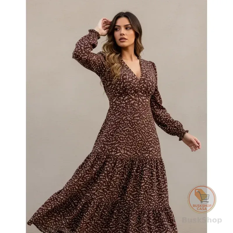 Vestido Longo Floral Manga Longa Acinturado Viscolinho Marrom Florido G (42/44)