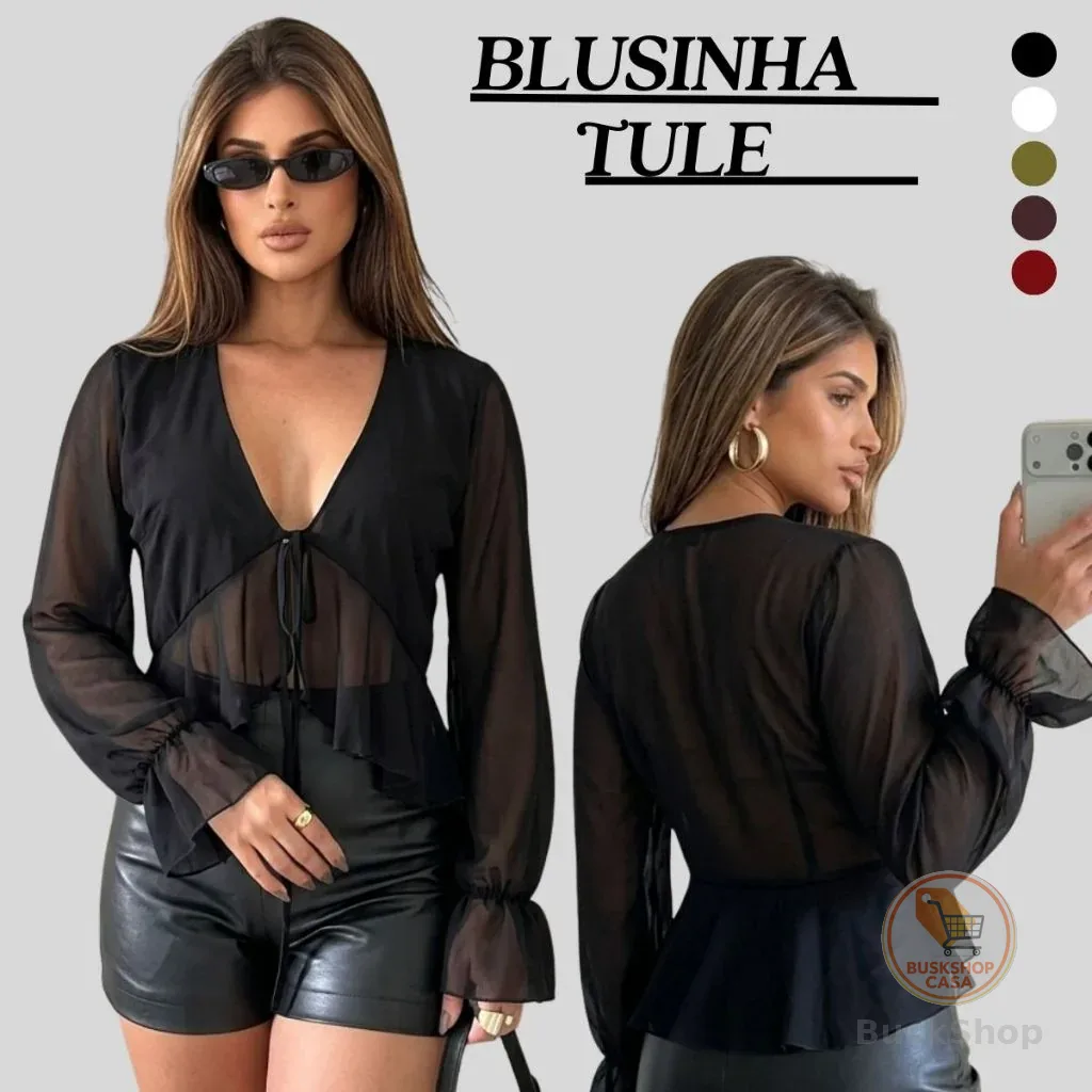 Blusa Tule Cropped Bata Manga Longa Estampada Babados Amarração Festa Amarração Elegante