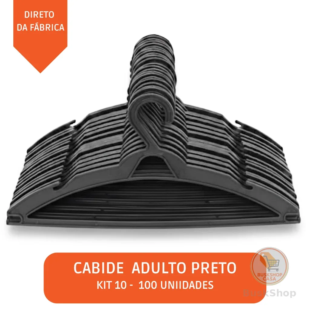 Kit 10 25 50 100 Cabides Adulto Preto | Organizador Guarda Roupa | Cabide Plástico | Envio Imediato