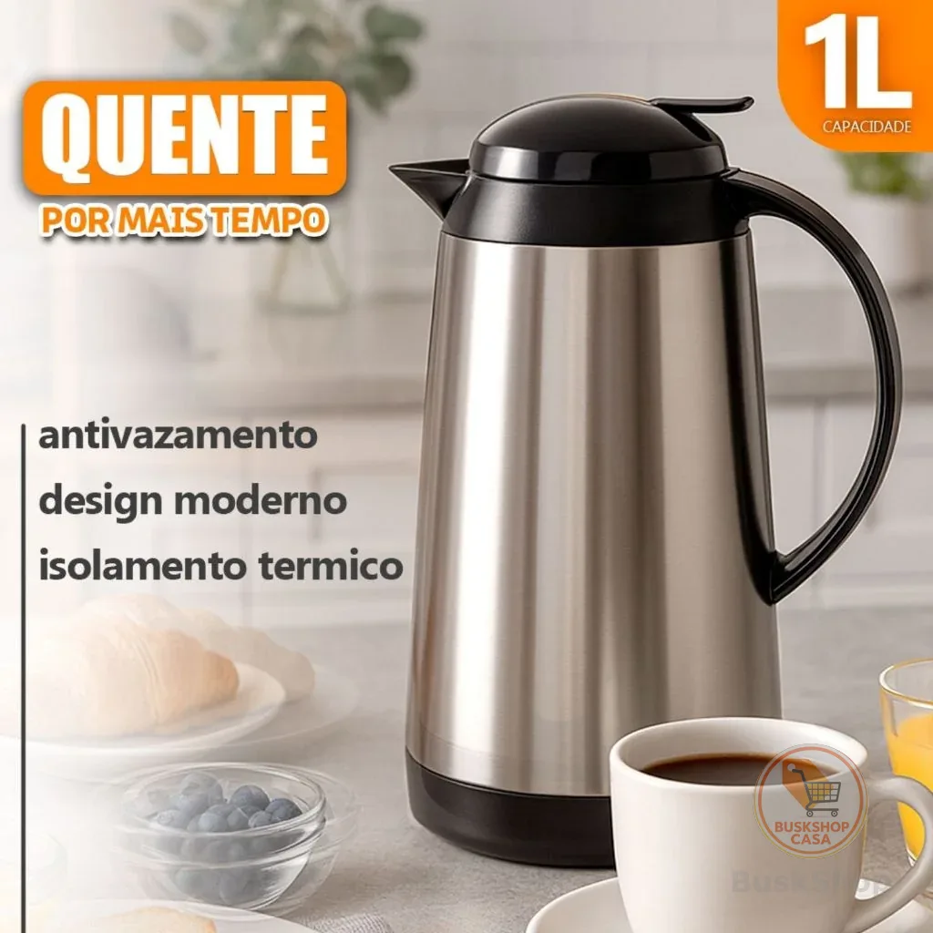Garrafa Térmica Inox 1L Antivazamento Premium Mantém Quente por Mais Tempo Chás/Café Design Moderno