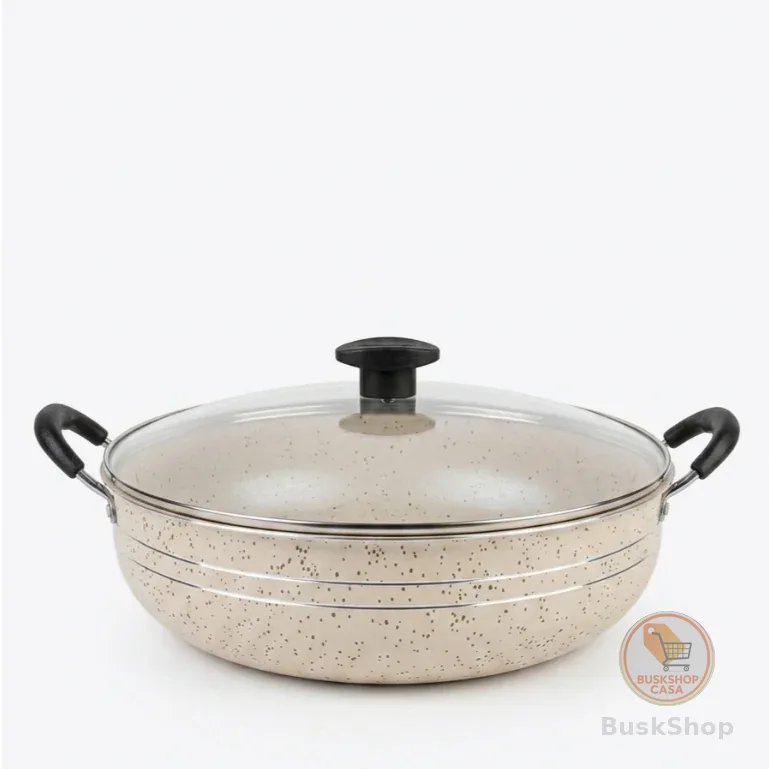 Panela Grande Frigideira Wok Silver Lines Antiaderente com alças + Tampa.