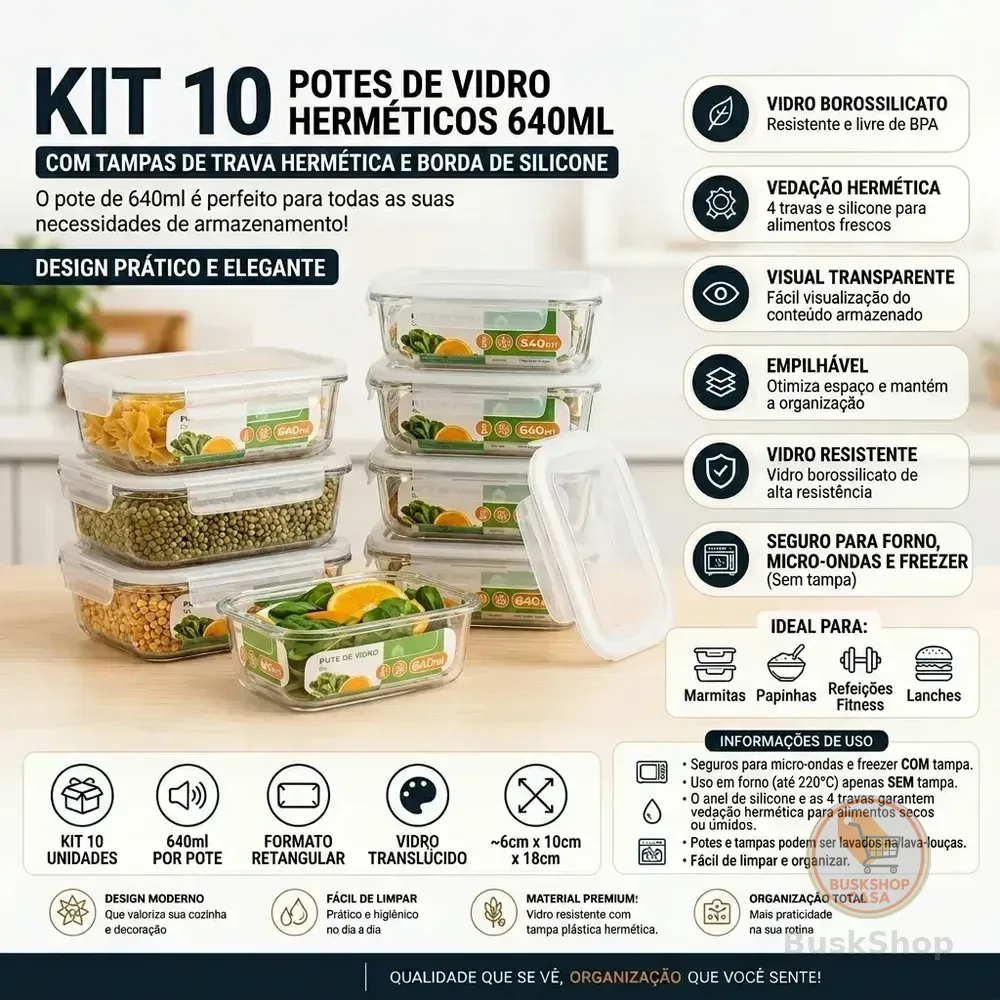 Kit 10 Potes Herméticos De Vidro 640ml Haushop Tampa Vedação Firme Para Geladeira E Despensa Organização Da Cozinha Transparente
