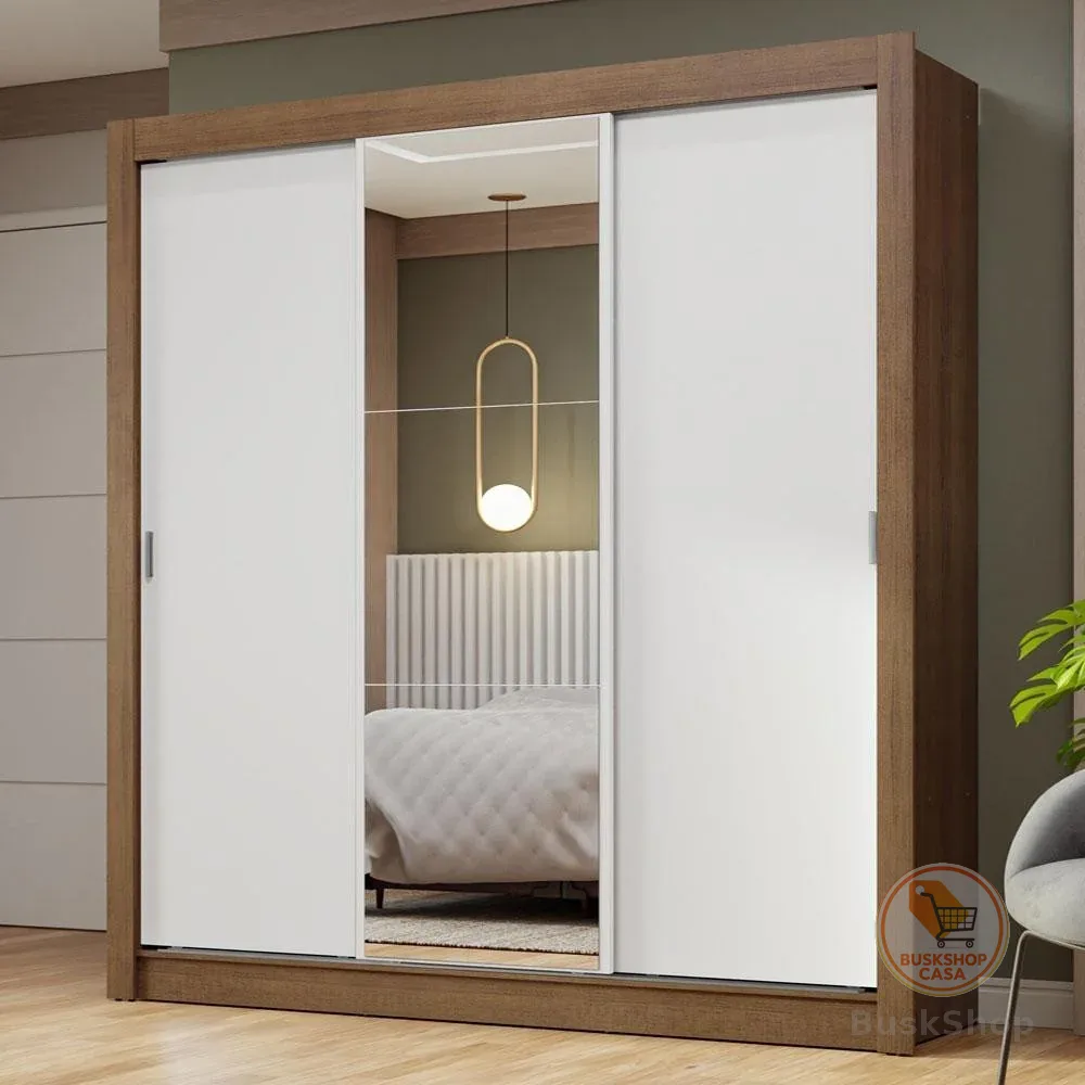 Guarda-Roupa Casal 3 Portas de Correr com Espelho Rustic/Branco Nobre Madesa