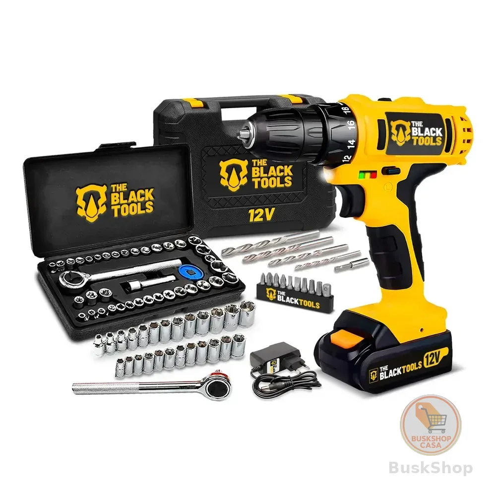Parafusadeira Furadeira Sem Fio Bateria 12v P/ Madeira Metal Tb-12e The Black Tools Com Jogo De Soquetes 40 Peças Amarelo 127/220v 50/60hz