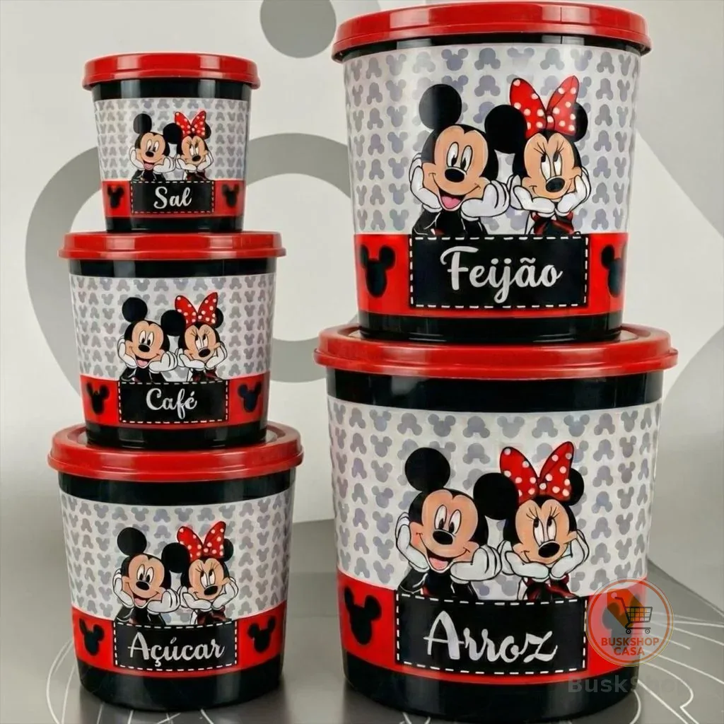 Jogo 5 Potes Organizadores De Cozinha Mickey e Minnie