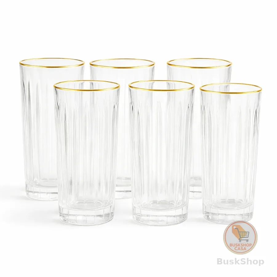 Jogo 6 Copos Altos Com Borda Dourada Em Vidro 370ml Bebidas