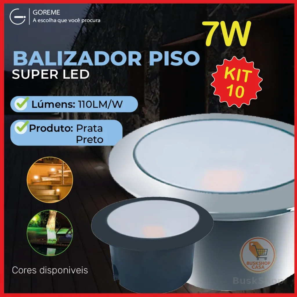 Kit 10 Balizador Spot LED Embutir Chão Piso Jardim 7W Branco Quente 3000K IP65 Bivolt 60Hz
