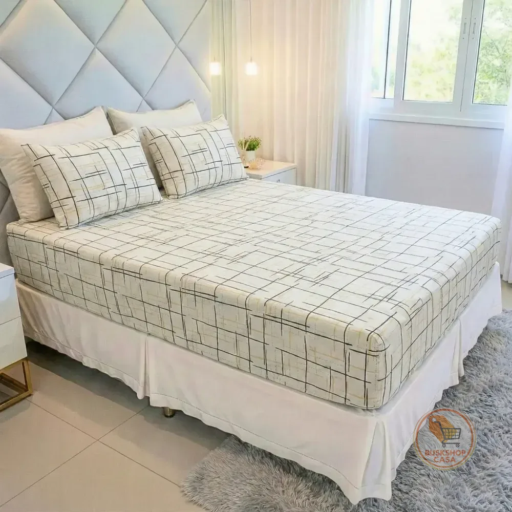 Jogo De Lençol Cama Queen Size 3 Peças Box Estampado Com Elástico Malha 100% Algodão Cozzilar Toque Macio Hotel Pousada Modelo 5