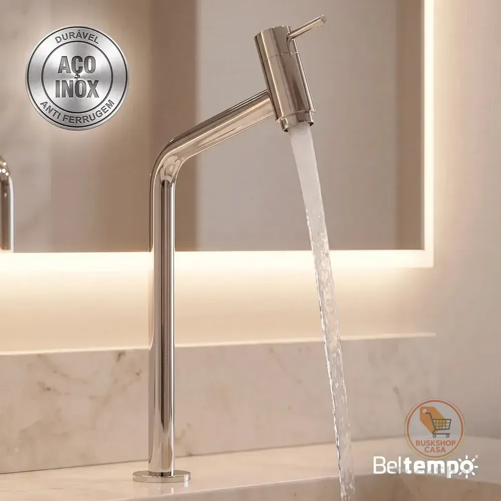 Torneira Banheiro Lavabo Bica Alta Bancada Inox Cromada Link 45° Beltempo Prateado Cromado