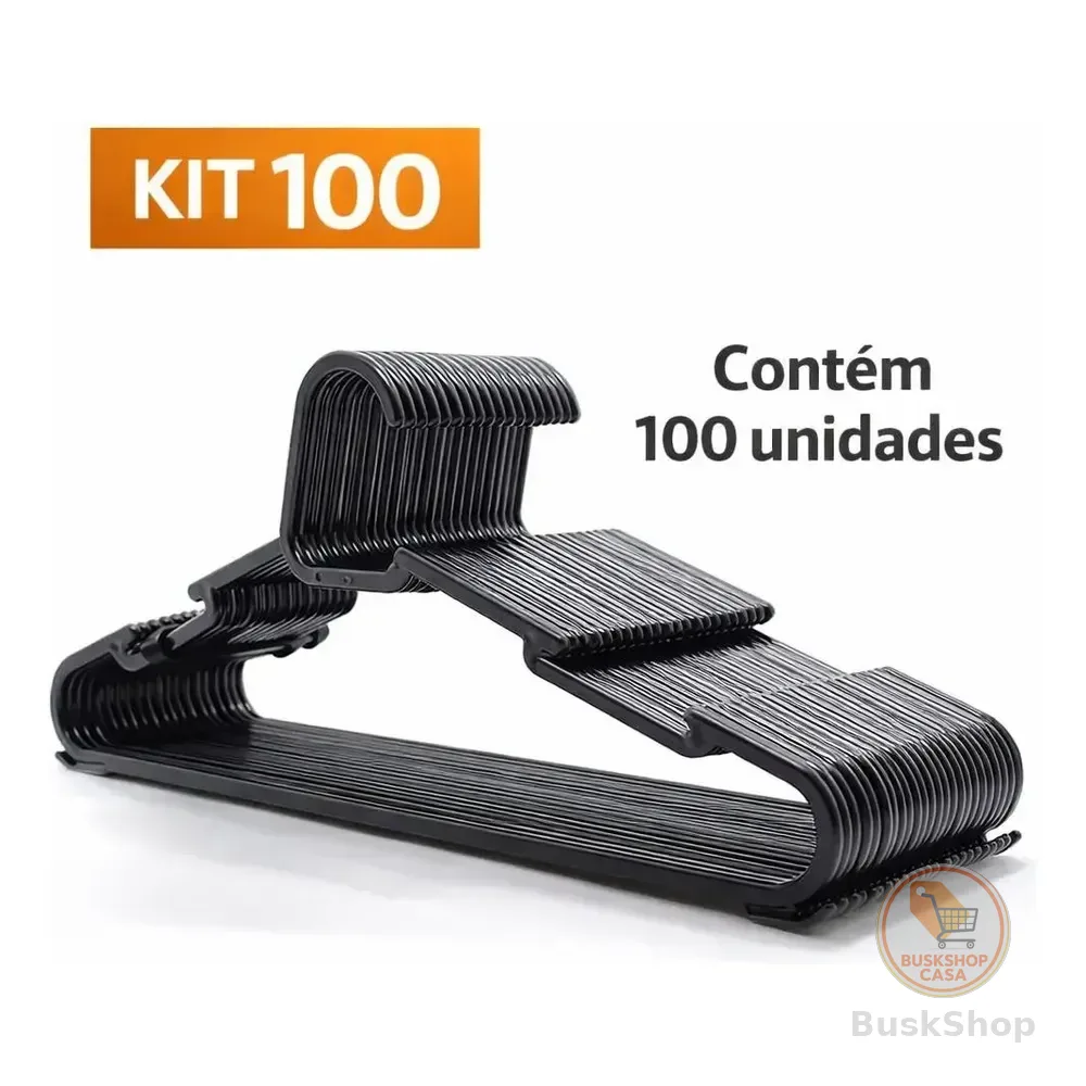 Kit 100 Cabides Pretos Plástico Adulto Organização Preto