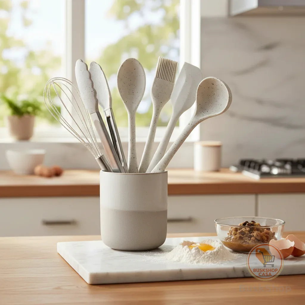 Conjunto Utensílios De Cozinha Silicone Vanilla Resistente Brinox Espátula Colher Concha Pegador