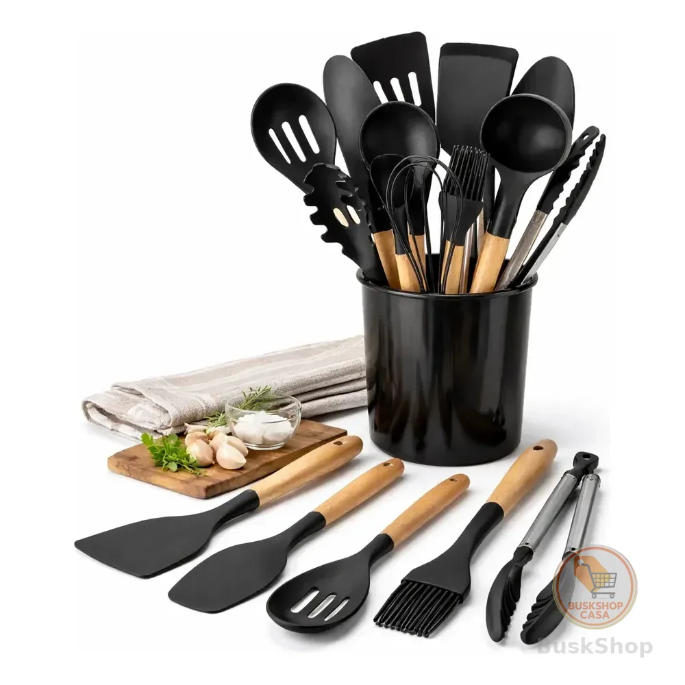 Kit Com 12 Utensílios De Cozinha Silicone Cabo De Madeira Preto