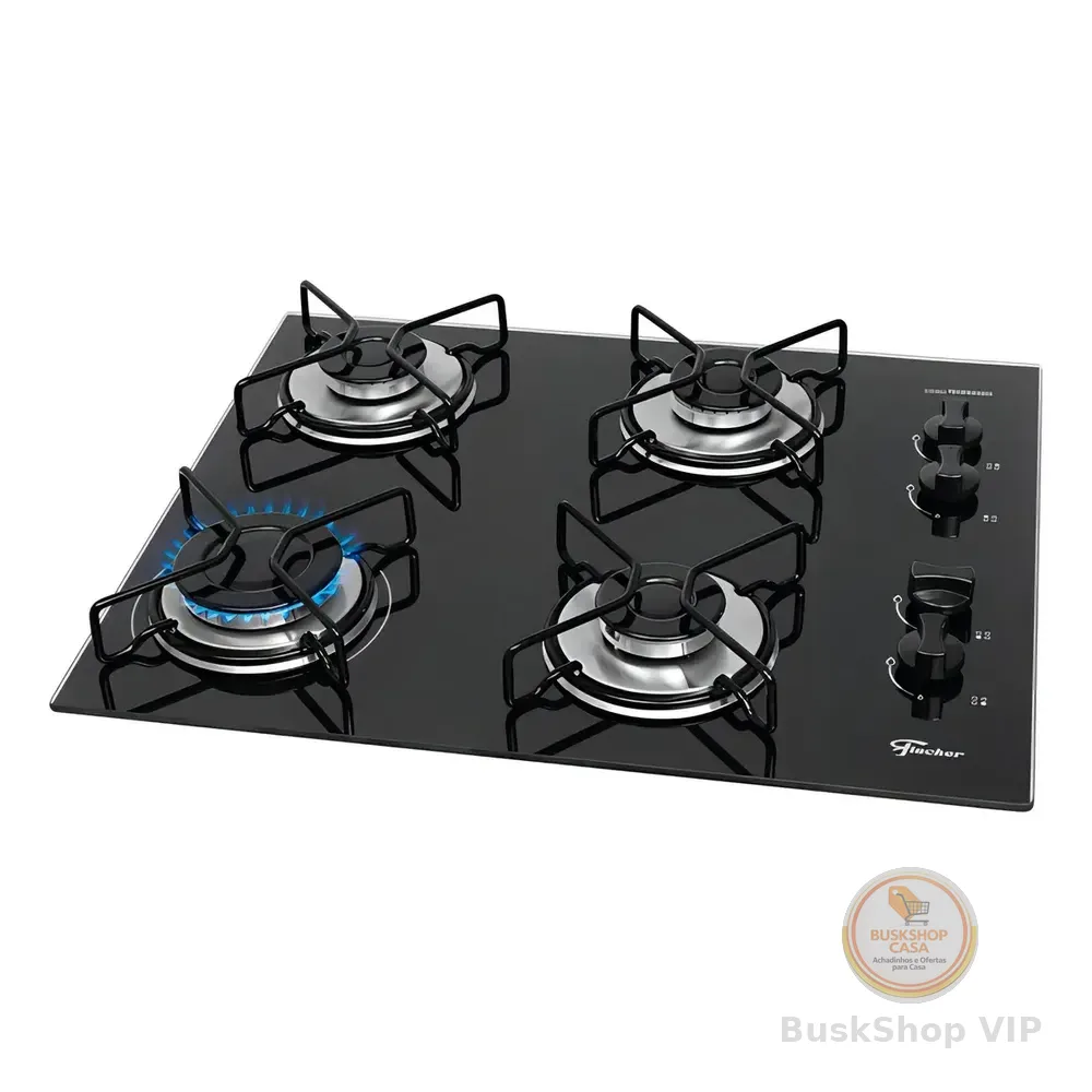 Cooktop A Gás Fischer 4 Bocas Fit Line Trempe Esmaltada Aramado Preto 127/220v