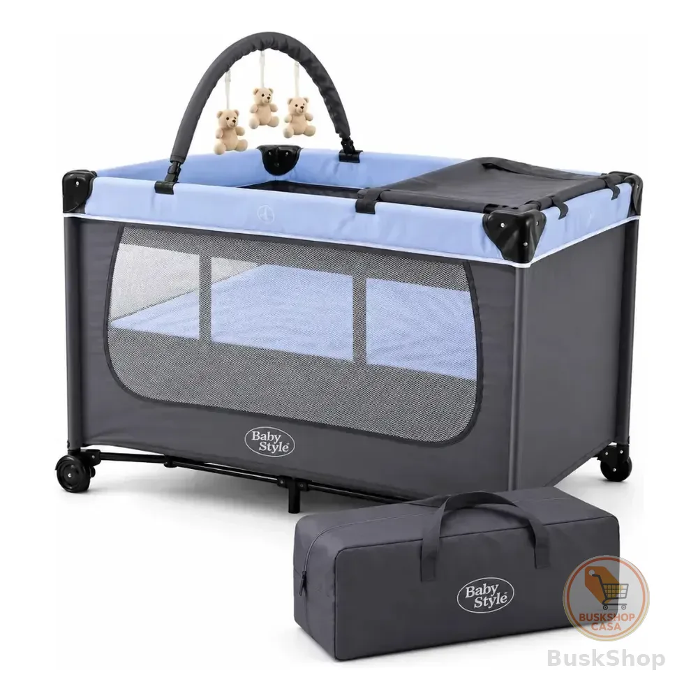Berço Compacto Joly Chiqueirinho Com Trocador E Móbile Cor Azul Baby Style
