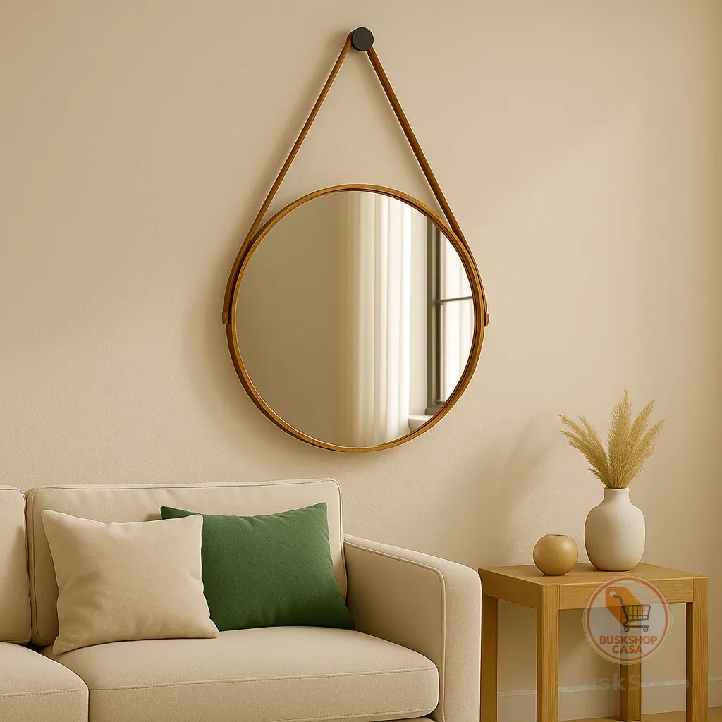 Espelho Redondo Decorativo Adnet com Alça e Suporte Couro 60cm 50cm 40cm 30cm Sala Banheiro Quarto