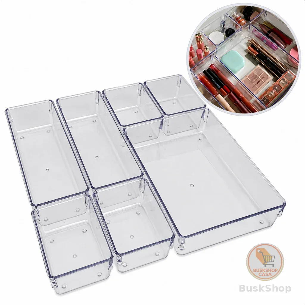 Kit 7 Organizadores Multiuso para Gavetas Armários Geladeiras Pote Acrílico Cristal e Fumê Plastutti