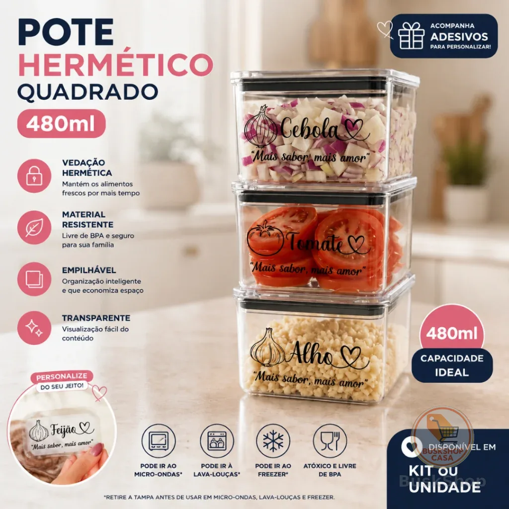 kIT 3 Potes 480ml Organizadores Herméticos Acrilico Geladeira Cozinha Porta Tempero Alho Cebola Tomate
