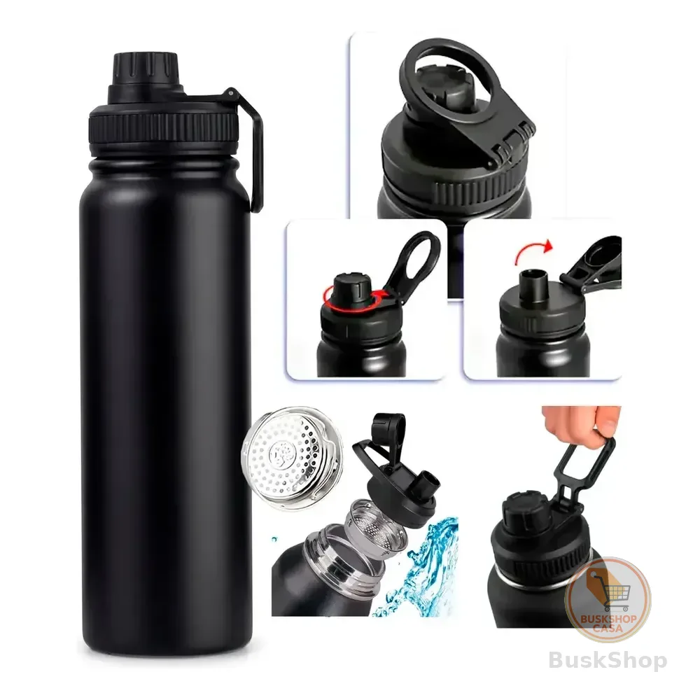 Garrafa Térmica Garrafinha Água 800ml Dupla Parede Vácuo Inox Tampa Com Alça Premium Sem Bpa Antivazamento Conserva Quente Café Chá Tereré Frio Squeeze Escolar Escritório Fit Academia Treino Preto