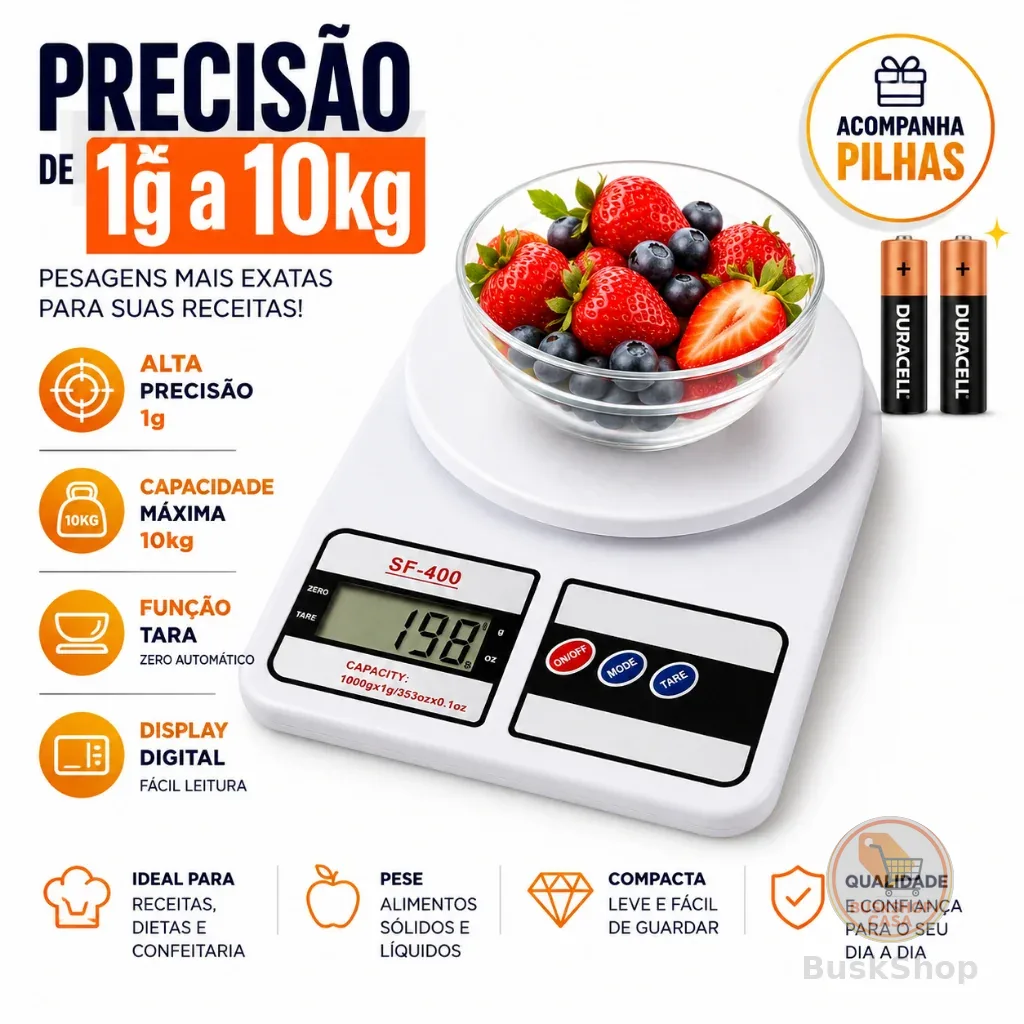 Balança Digital Cozinha 10Kg Precisão Balança de Alimentos Cozinha pilhas inclusas