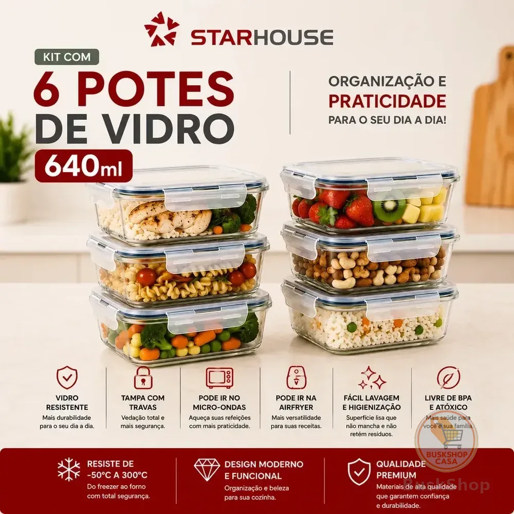 Kit 6 Potes 640ml Vidro Hermético 4 Travas Marmita Refratario Star House Com 4 Travas De Super Vedação Branco