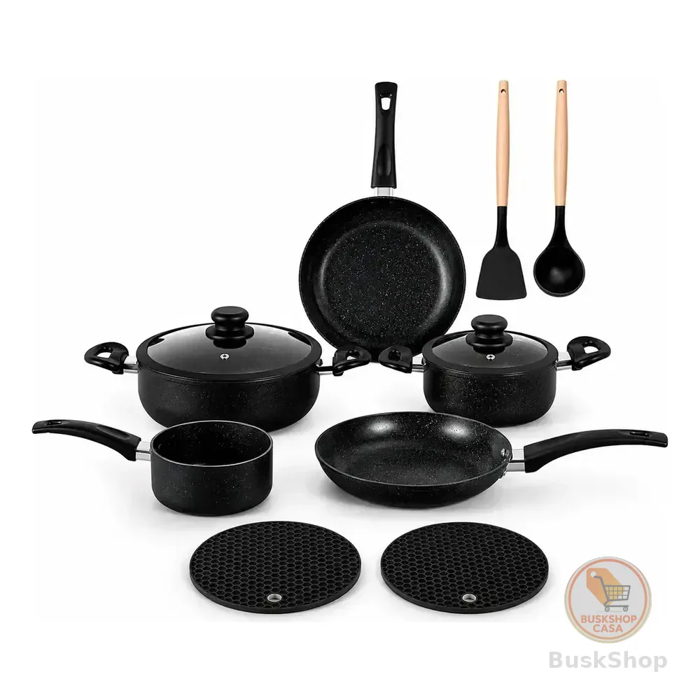 Jogo De Panelas Cerâmico Antiaderente 11 Pçs Tampas De Vidro Preto