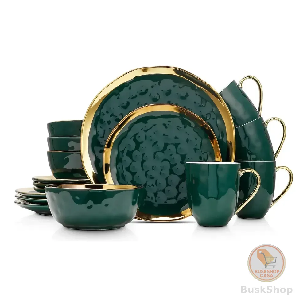 Jogo De Jantar Stone Lain Porcelana 16 Peças Verde Dourado