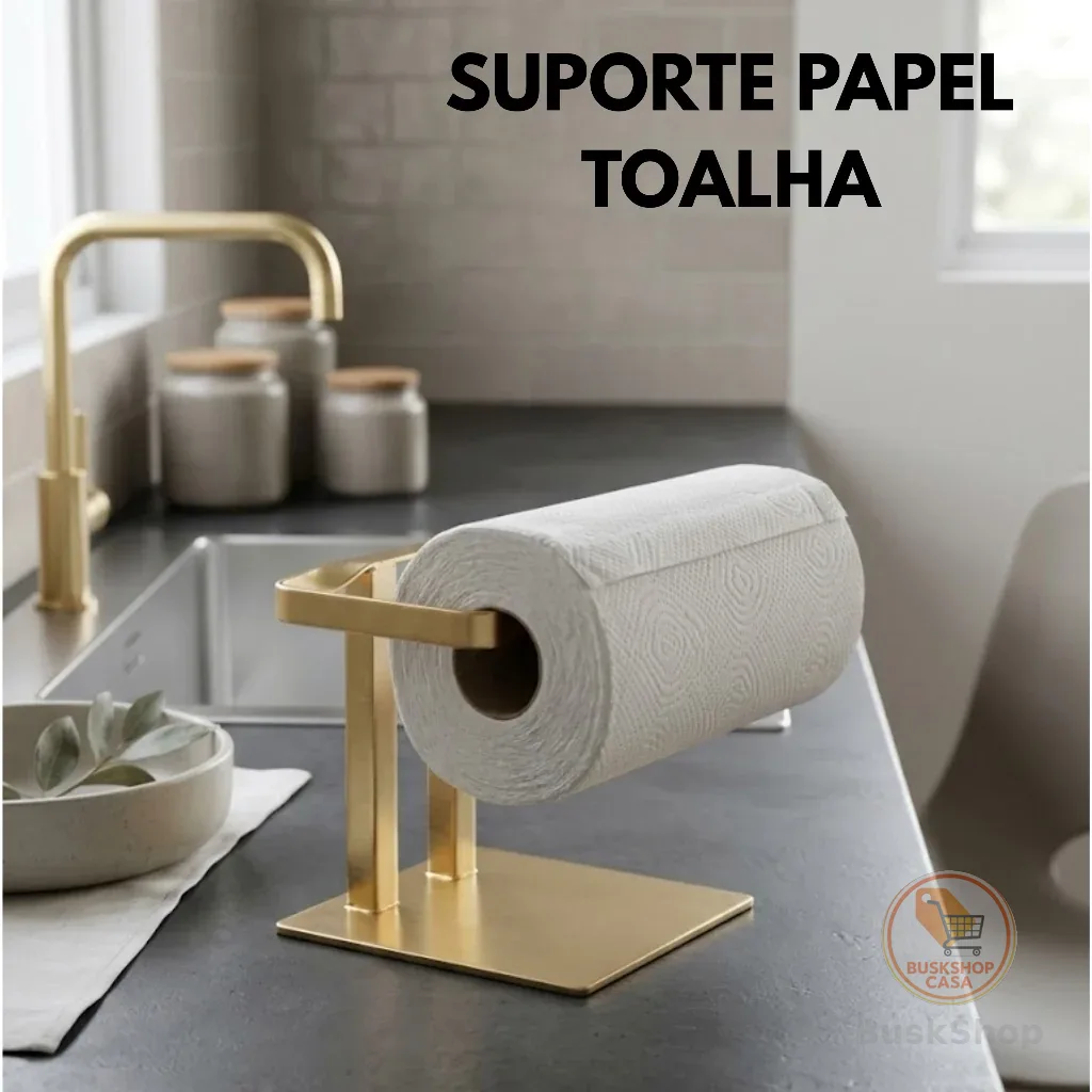 Suporte Papel Toalha Mesa Bancada Aço Premium Design Moderno Luxo Atual Pratico Preto Dourado Prata