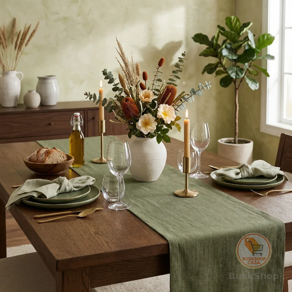 Trilho De Mesa Linho Verde Musgo Retangular Decoração Cozinha Jantar
