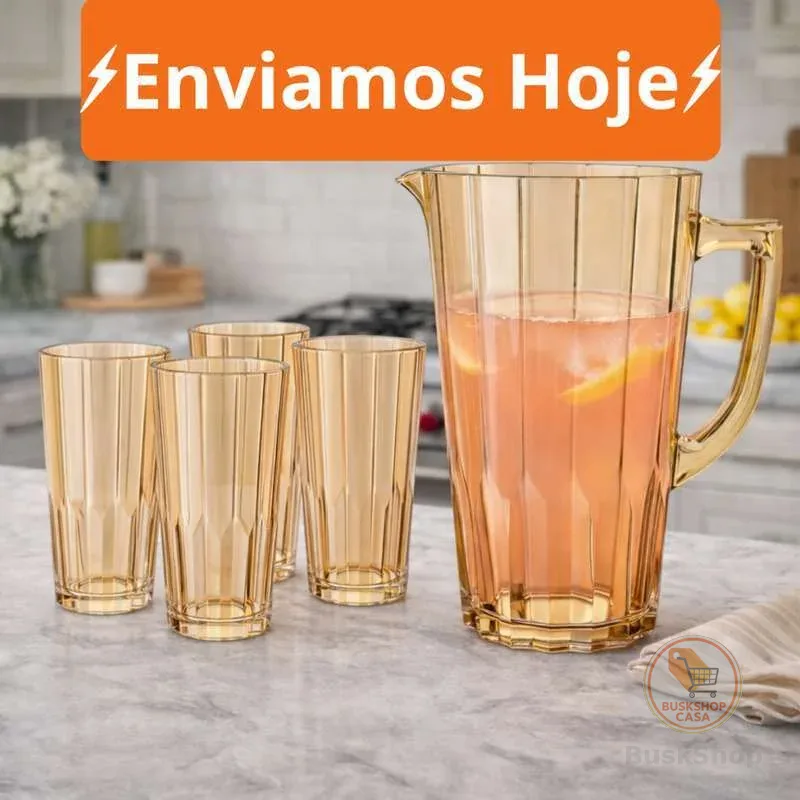 Conjunto 5 Peças Canelado Ou Jogo 4 Copos 470ml - 1 Jarra 1,2Lts Vidro Resistente Suco Água Refrescos