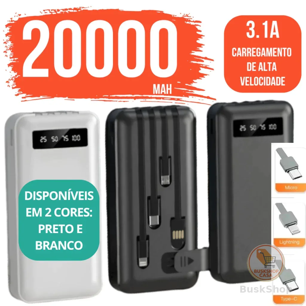 Power Bank Portátil 20000mAh com 4 Cabos Carregador Universal para Celular, Mundial