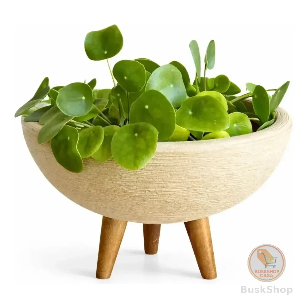 Vaso Bacia Alpe & Aritana Para Flores 30cm Com Tripé De Madeira Decorativo Cor Bege