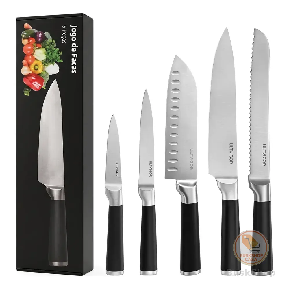 Conjunto De Facas Profissional Cozinha Premium Inox 5 Peças Preto