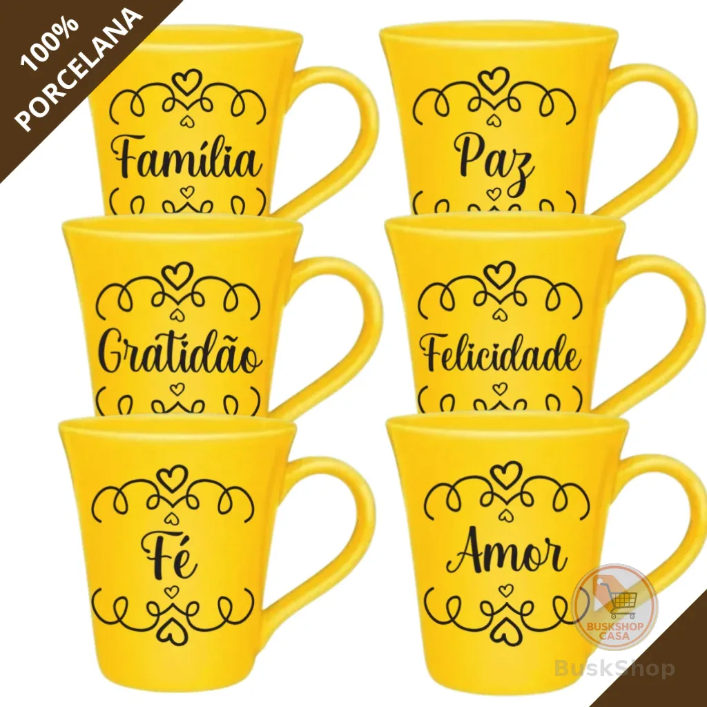 KIT 6 Canecas Porcelana Amarelas 120 ML Frases Coração Motivação Xícaras Chá Café