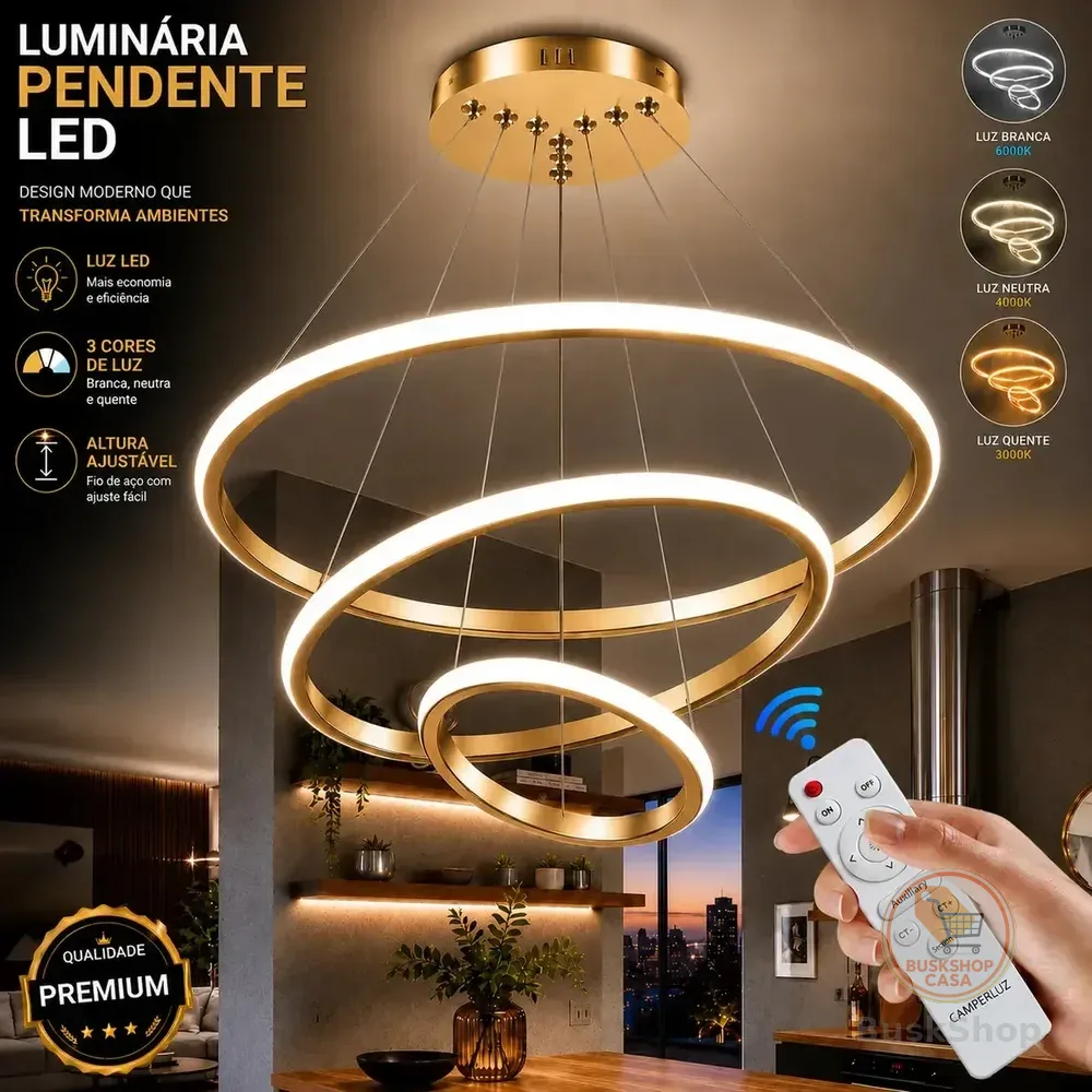 Lustre Led Sala Moderno 72w 3 Arcos Pendente Luminária Teto Lustre Sala De Jantar Com Controle Luxo Moderno Cozinha Luminaria De Teto Para Sala Marca Camperluz 127/220v Dourado