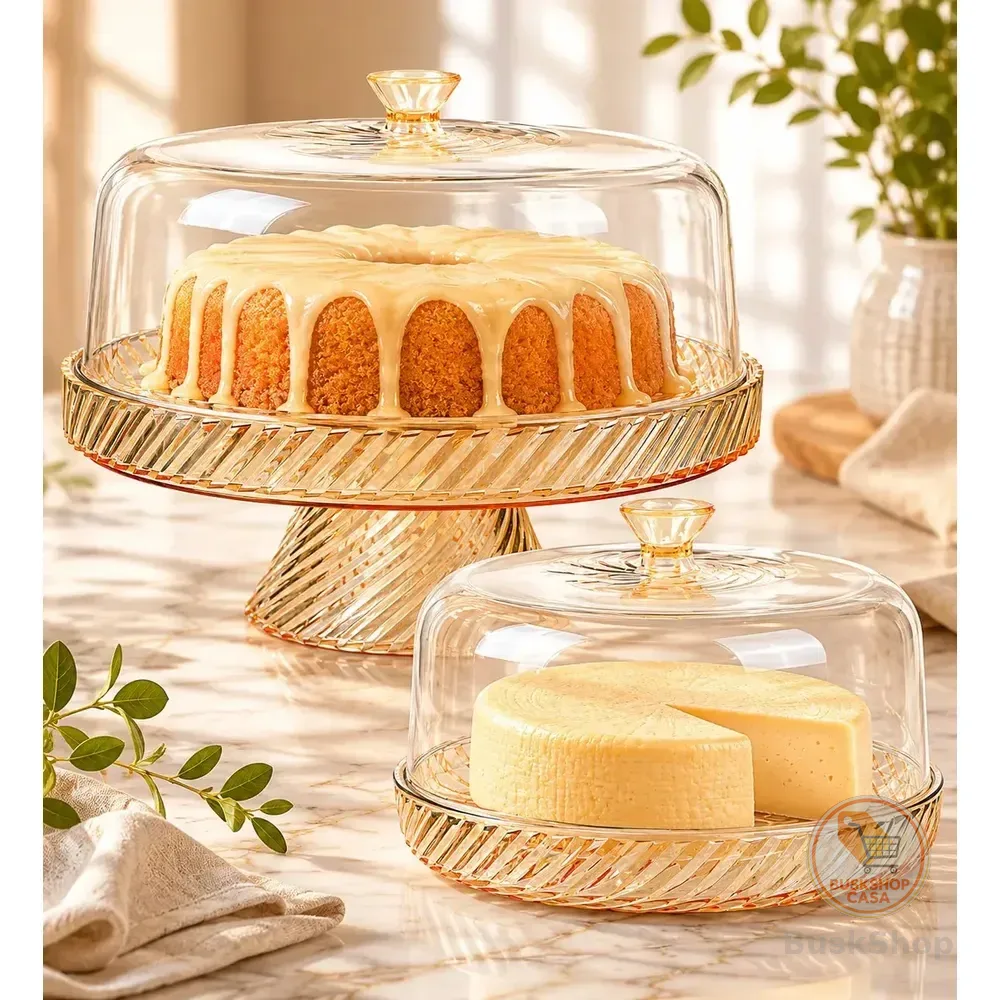Boleira Com Pé E Queijeira Tampa Acrílico Resistente Bpa Free Organização Cozinha E Servir Mesa Posta Dourado