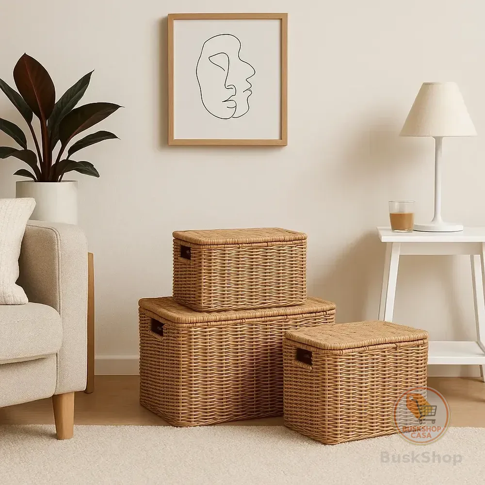 3 Cestos Caixa Organizador Tipo Vime Quarto Banheiro Rattan Palha