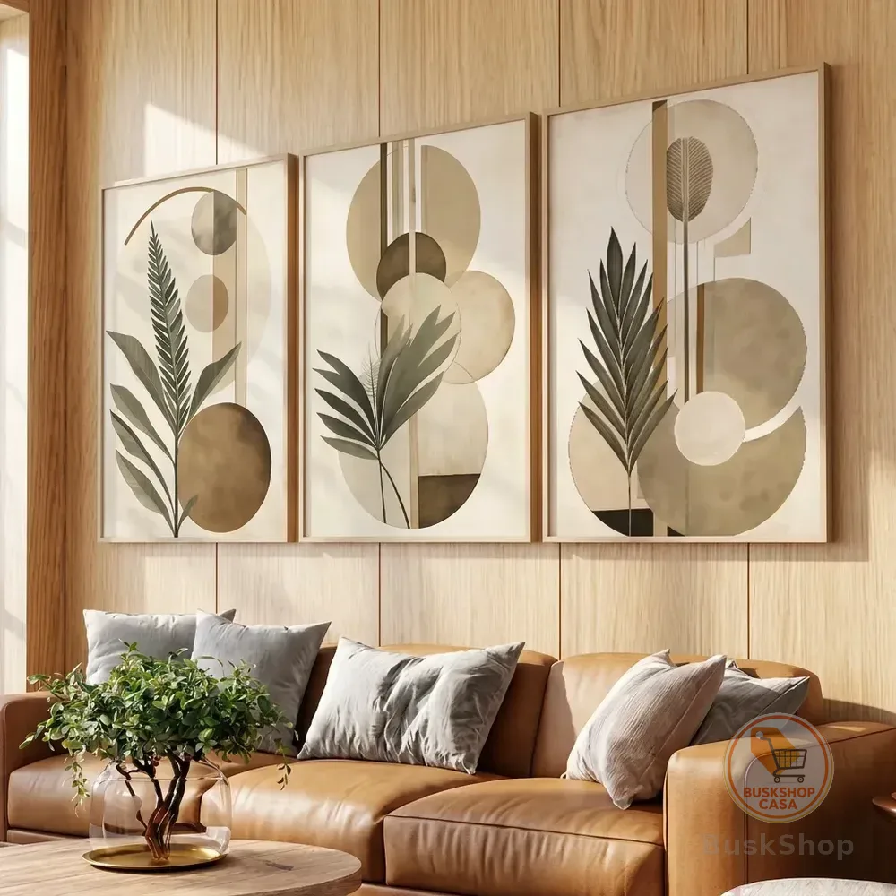Quadros Decorativos Folhagem Abstrato Clean Bege Com Moldura Bege