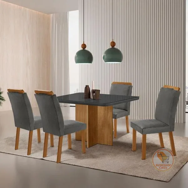 Sala de Jantar Mesa 90cm Olímpia em MDF com Vidro Canto Copo 4 Cadeiras Athenas Moderna Mobilia
