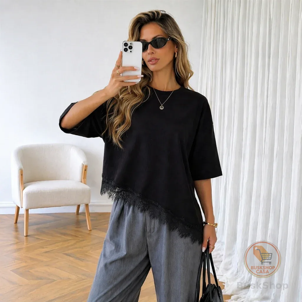 BLUSA FEMININA OVERSIZED DE RENDA BLUSA ASSIMÉTRICA BLUSA FEMININA ESTILOSA T SHIRT FEMININA ALGODÃO