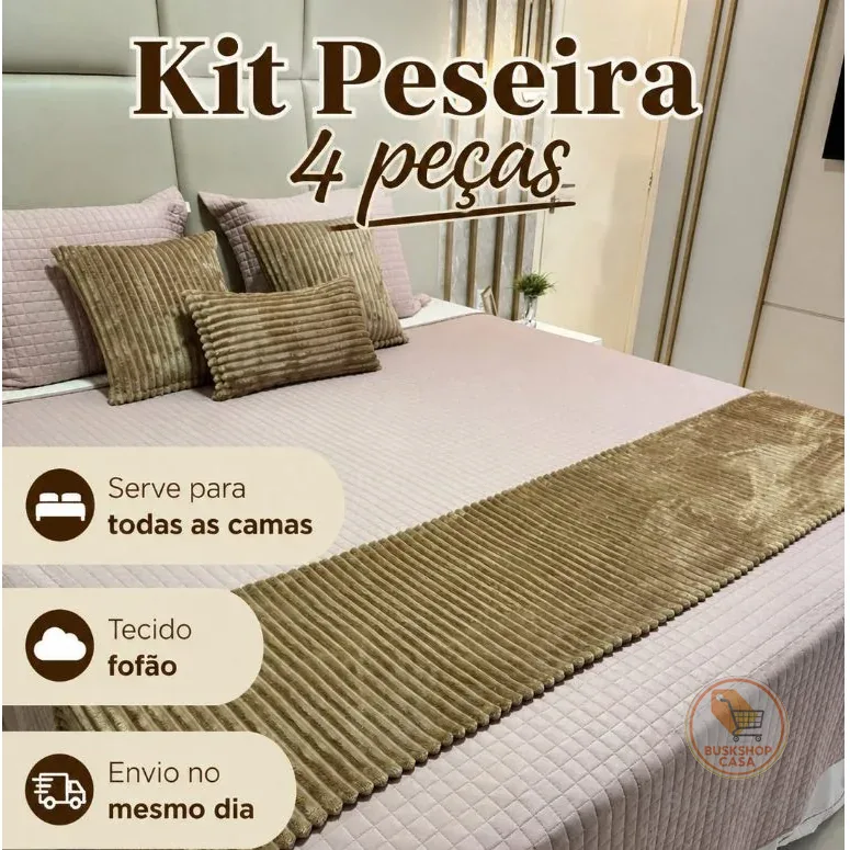 Kit Peseira 4 Peças Cama Casal-Queen-King-Box Tecido Fleece Fofinho Bold e Canelado