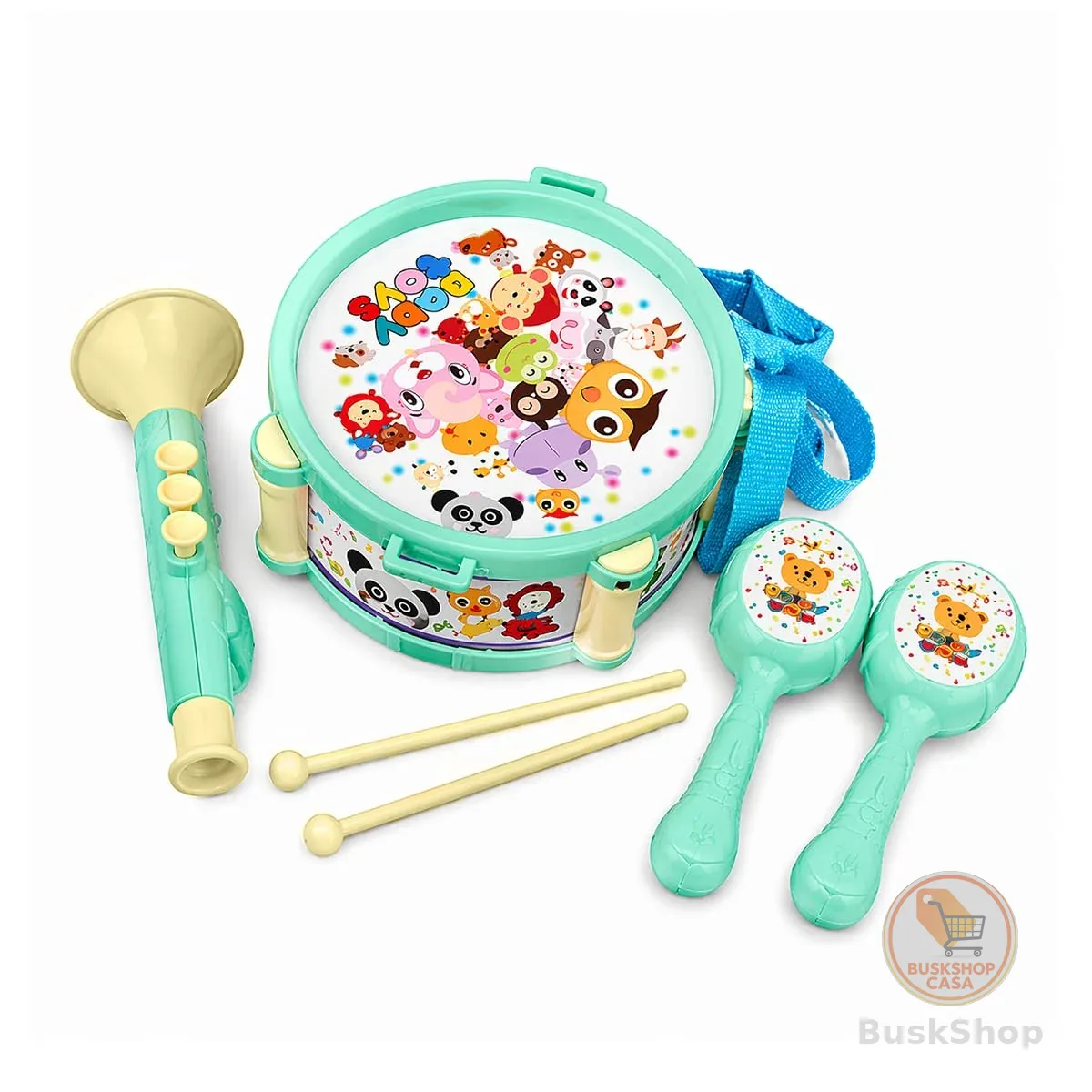 Brinquedo Musical Infantil Kit 6 Peças Tambor Trompete Chocalhos e Baquetas Instrumento Educativo Estimula Coordenação Ritmo e Criatividade Musicalização para Crianças Seguro e Resistente