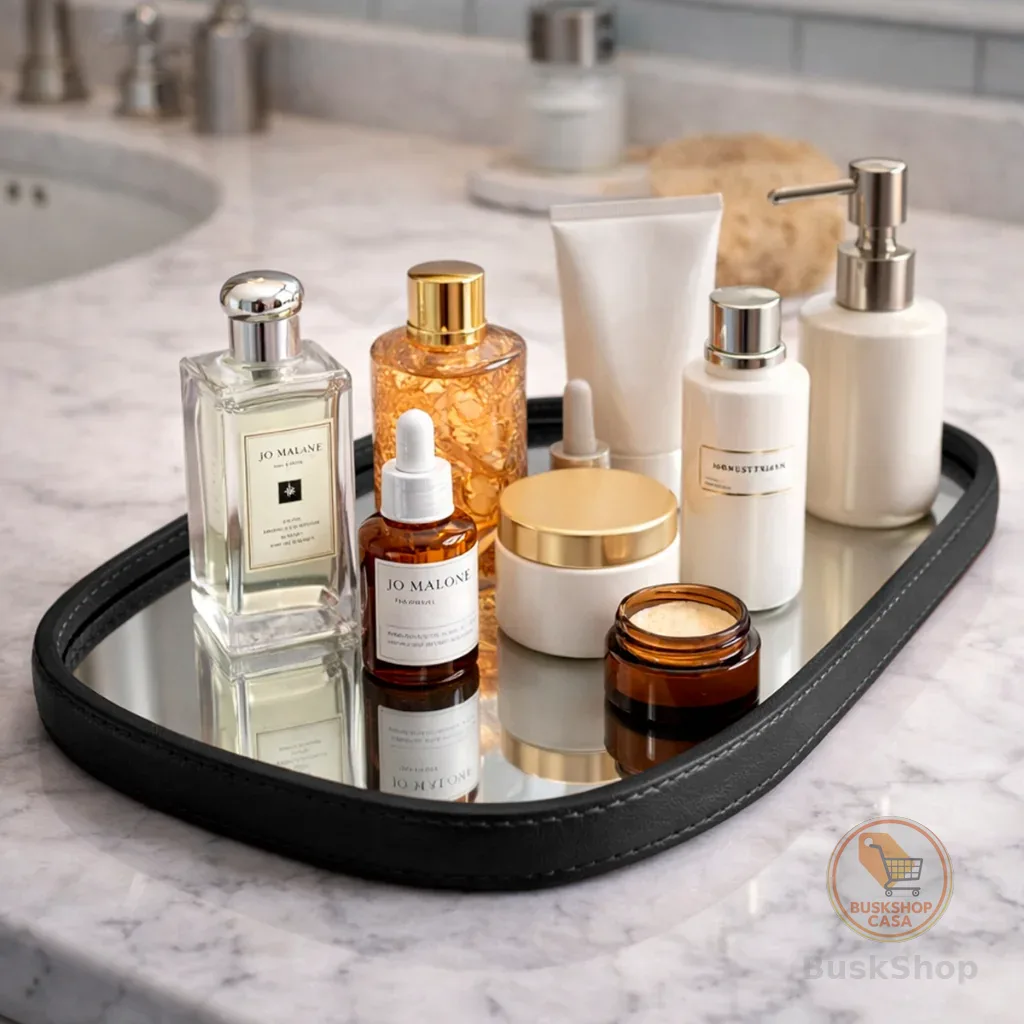 Bandeja Decorativa Espelho Banheiro Redondo Oval Orgânico Couro Mesa Sala Lavabo