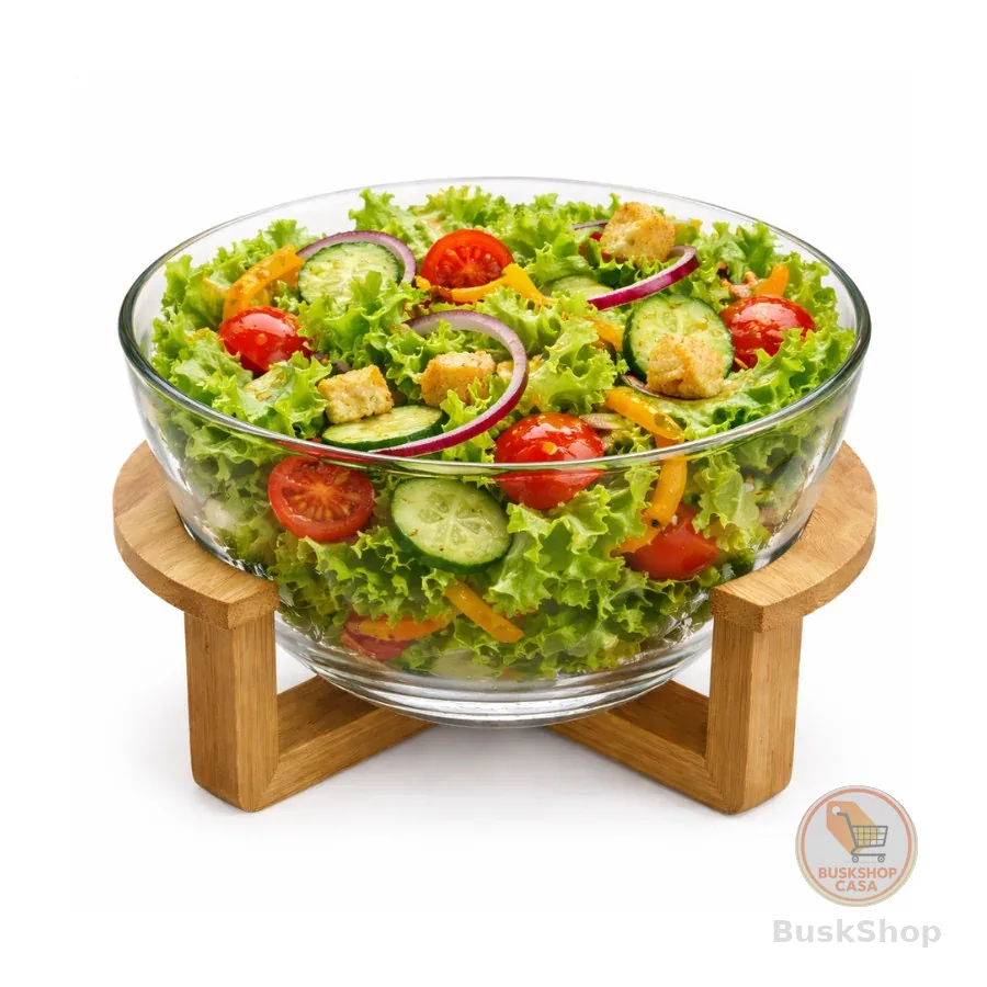 Saladeira De Vidro C/ Suporte De Madeira Bowl Sobremesa Tigela Mesa Cozinha 19cm