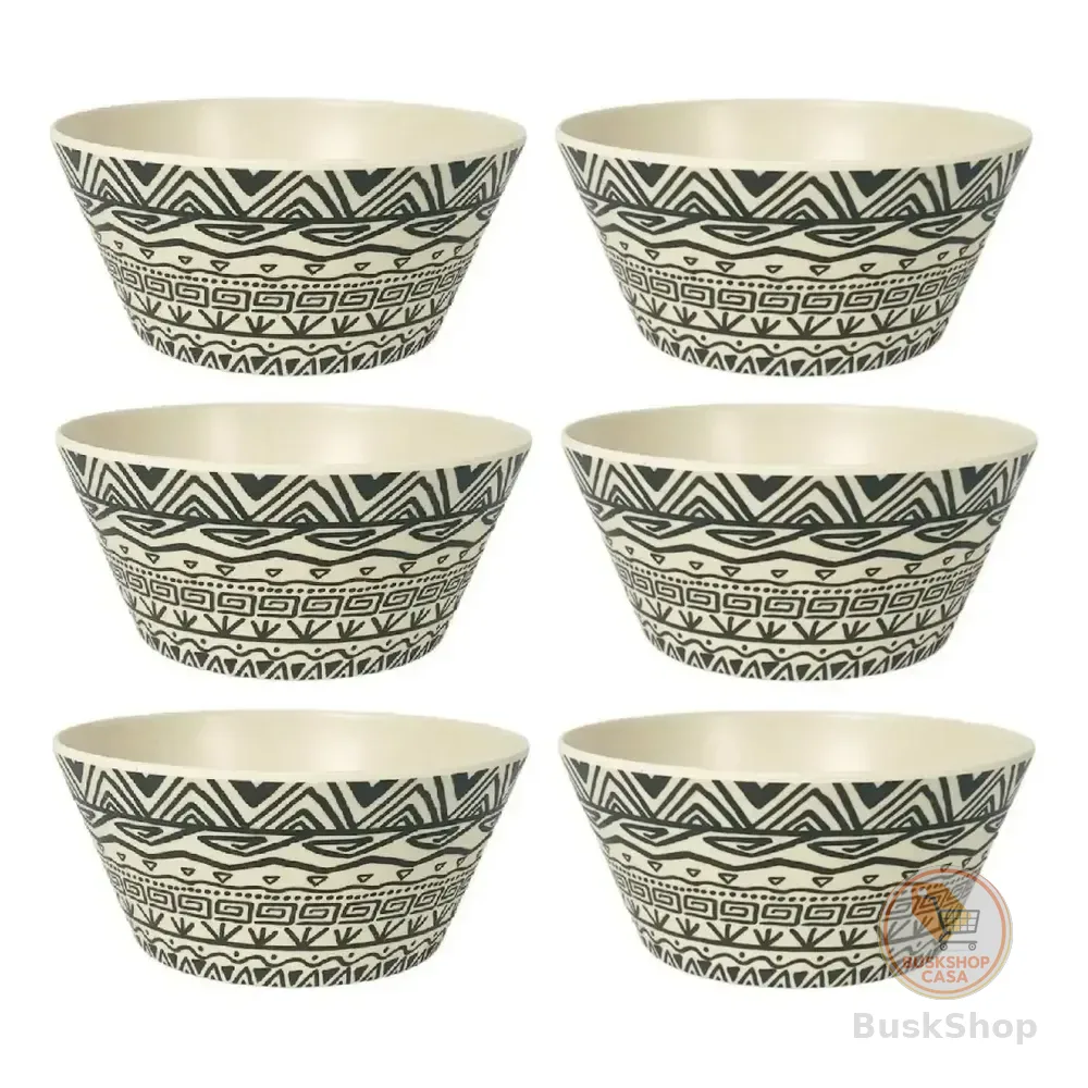 Kit 6 Tigela Cumbuca Bowl Fibra De Bambu 700ml Caldo Açaí  Bege Com Estampa Preta