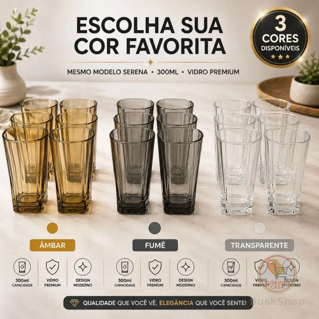 Copos Vidro Quadrado 300ml Miami Bali Kit 6, 12 ou 18 unidades Ambar Fume Transparente Drink