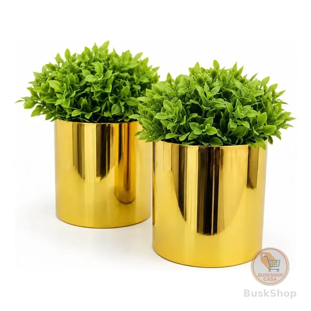 Decoração Sala Rack Kit 2 Vasinhos Com Planta Montado Cor Dourado (l)