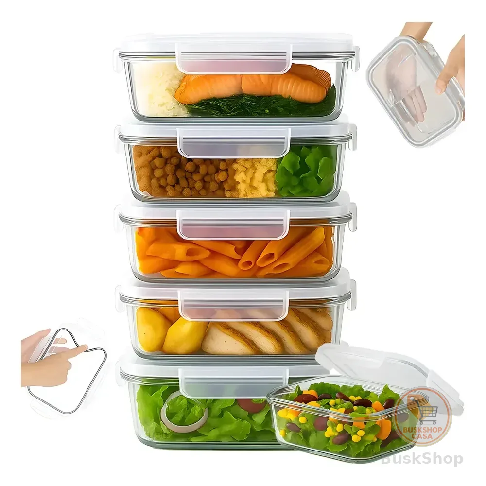 Yab - Kit 5 Potes De Vidro Marmita C/ Tampa Hermético 640ml Retangular 4 Travas Borossilicato Alimentos Micro-ondas Freezer Geladeira Transparente