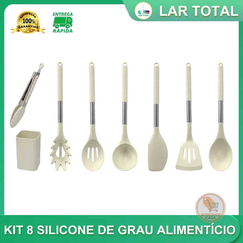 Kit 8 Utensílios Cozinha Resistentes Silicone Alimentar Aço Inox Tamanho Grande com Balde